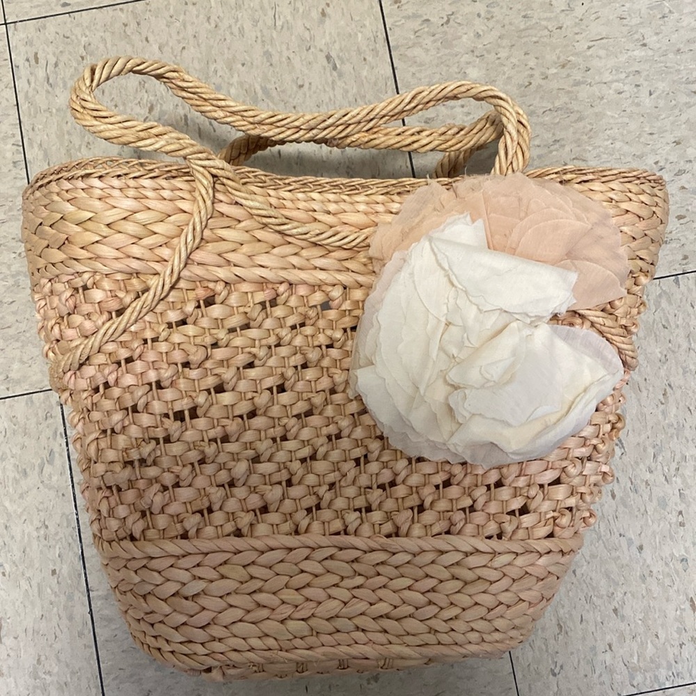 JCrew straw beach tote with flower embellishment